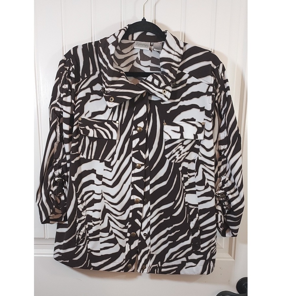 Zenergy by Chico's Zebra Print Jacket Shacket Women 2 Large Brown White Ruched